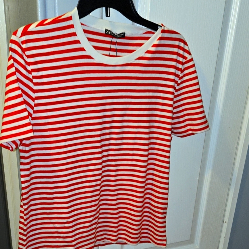 Zara Orange and White Striped Basic  Top
